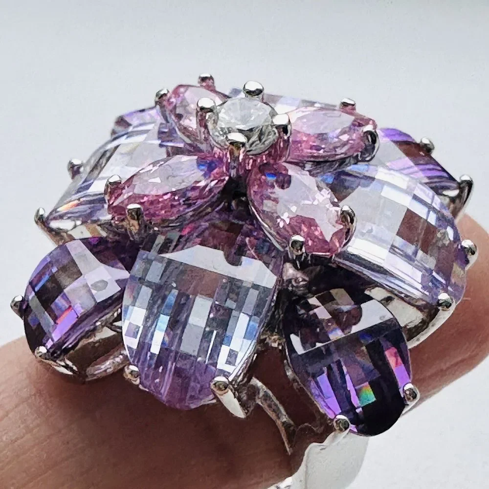 Statement Flower Ring Size 5 Purple Pink Gemstones Chunky Sterling Silver‎ 16+g